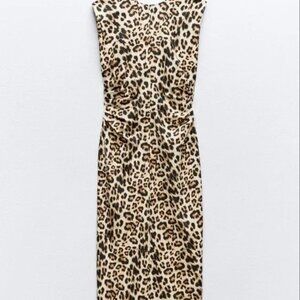 Zara Animal Print Draped Waist Midi Linen Dress New W/ Tags size XL